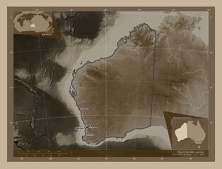 Western Australia, Australia. Sepia. Labelled points of cities