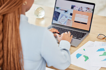 Black woman, laptop and contact us web design for digital marketing worker with kpi data, target...