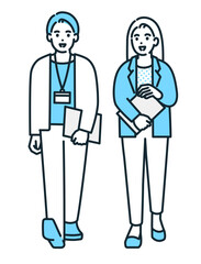 オフィスの廊下を雑談しながら歩く男女。ビジネスパーソンのイラスト素材。