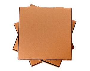 Stack of three brown pizza boxes flat closed top isolated transparent background photo PNG file