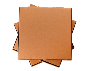 Stack of three brown pizza boxes flat closed top isolated transparent background photo PNG file