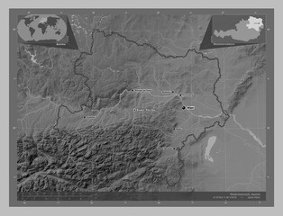 Niederosterreich, Austria. Grayscale. Labelled points of cities