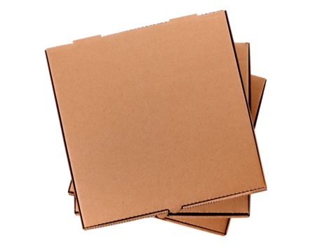 Stack of three brown pizza boxes flat top closed isolated transparent background photo PNG file