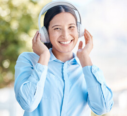 Music, listening and headphones with a woman using bluetooth to listen to a podcast, radio or audio...
