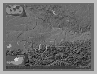 Oberosterreich, Austria. Grayscale. Labelled points of cities