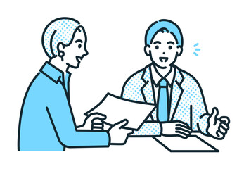 資料を確認しながら接客をするビジネスマンのイラスト素材。