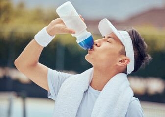 Asian man drinking water, fitness and relax after a training session, workout or exercise. Athlete, health and sports male resting with refreshing liquid after playing a sport, cardio or running.