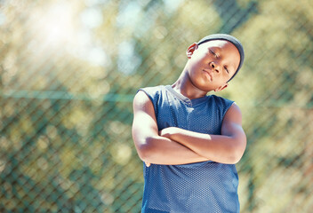 Child, basketball and serious attitude with black boy standing with arms crossed ready to play...