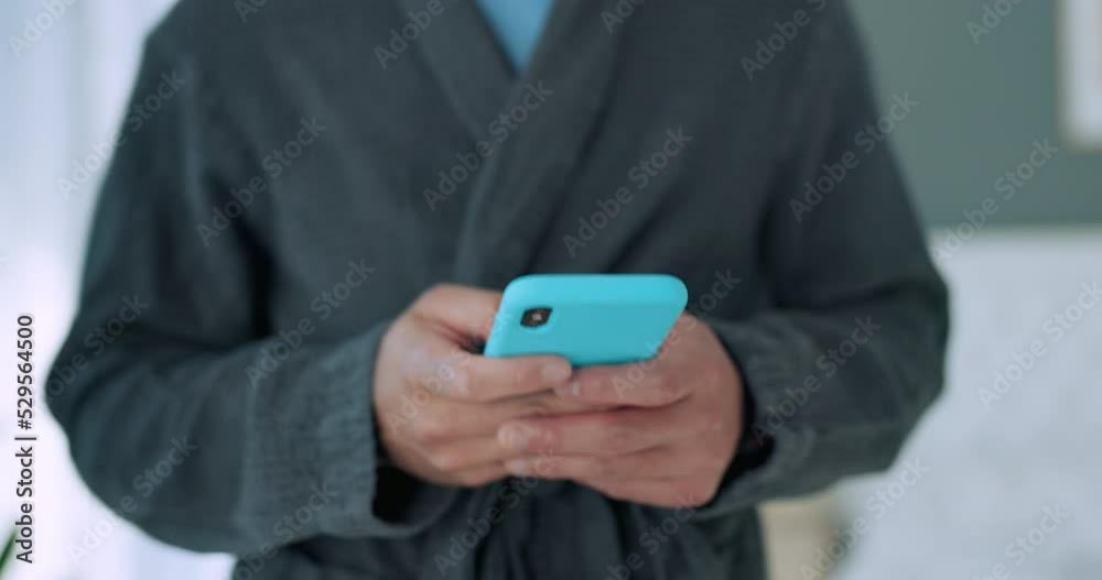 Poster Phone chat, online communication and man typing on social media on the internet, digital conversation on mobile app and on the web on technology in house. Hands of person doing search on website