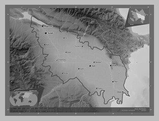 Aran, Azerbaijan. Grayscale. Labelled points of cities