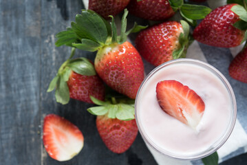 Healthy food of yogurt, Strawberry Yogurt,yogurt with fresh strawberry, wood background