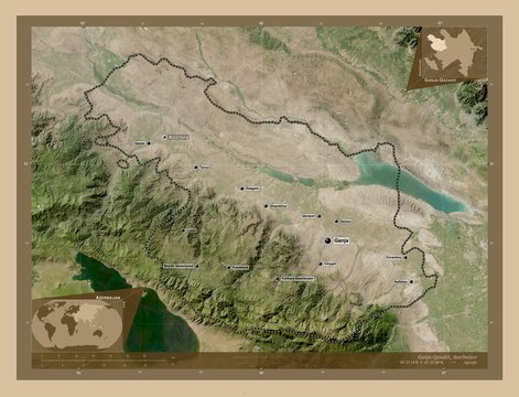 Ganja-Qazakh, Azerbaijan. Low-res satellite. Labelled points of cities