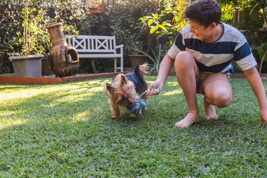 tween boy playing with dog in the back yard
