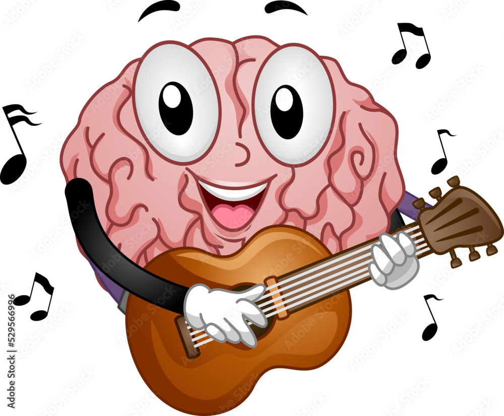 Sticker Mascot Brain Guitar Music Therapy Illustration