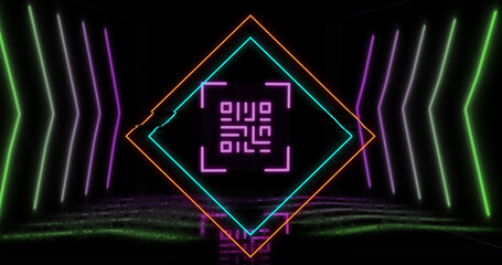 Image of glowing qr code over neon geometric shapes