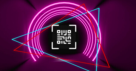 Image of glowing qr code over neon shapes on purple background