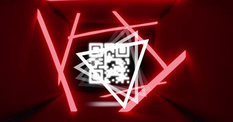 Image of glowing qr code over neon geometric shapes