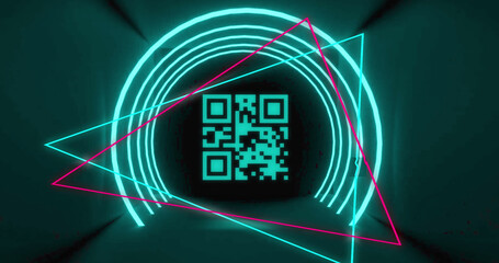 Image of glowing qr code over neon geometric shapes