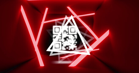 Image of glowing qr code over neon geometric shapes