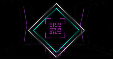 Image of glowing qr code over neon geometric shapes