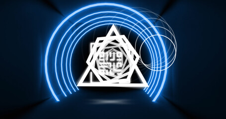 Image of glowing qr code over neon geometric shapes