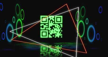 Image of glowing qr code over neon geometric shapes
