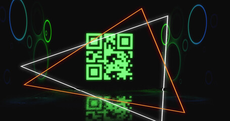 Image of glowing qr code over neon geometric shapes