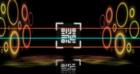 Image of glowing qr code over neon geometric shapes