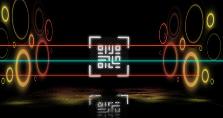 Image of glowing qr code over neon geometric shapes