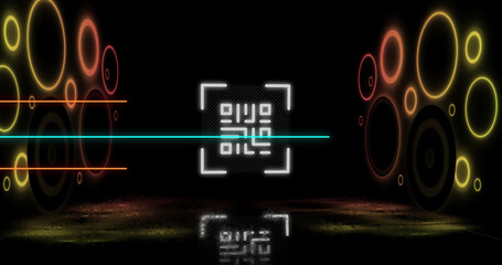 Image of glowing qr code over neon geometric shapes