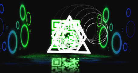 Image of glowing qr code over neon geometric shapes