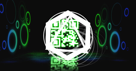 Image of glowing qr code over neon geometric shapes