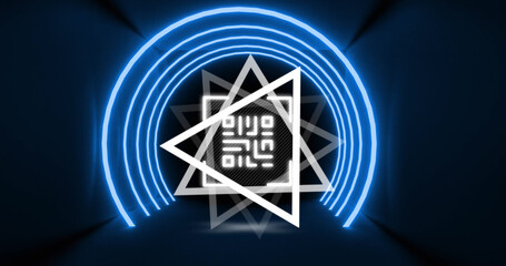 Image of glowing qr code over neon geometric shapes