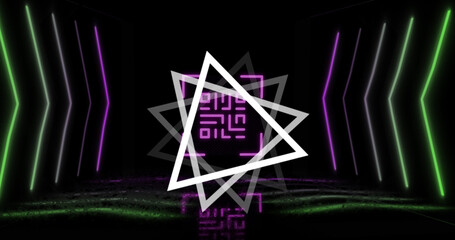 Image of glowing qr code over neon geometric shapes