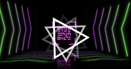 Image of glowing qr code over neon geometric shapes
