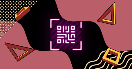 Image of glowing qr code over neon geometric shapes