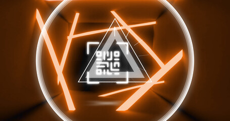 Image of glowing qr code over neon geometric shapes
