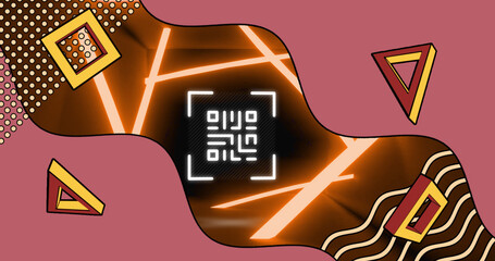 Image of glowing qr code over neon geometric shapes