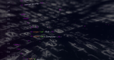 Image of warning text, binary coding and data processing over grid