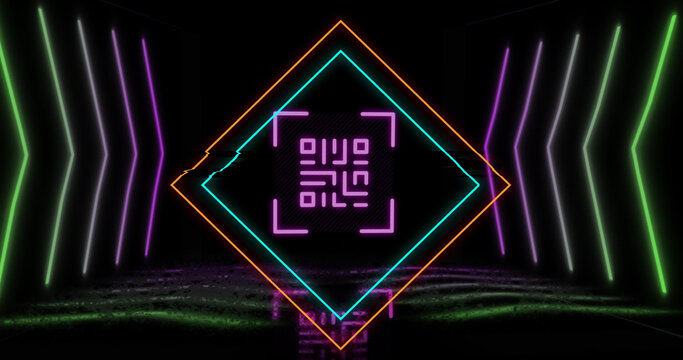 Image of glowing qr code over neon geometric shapes