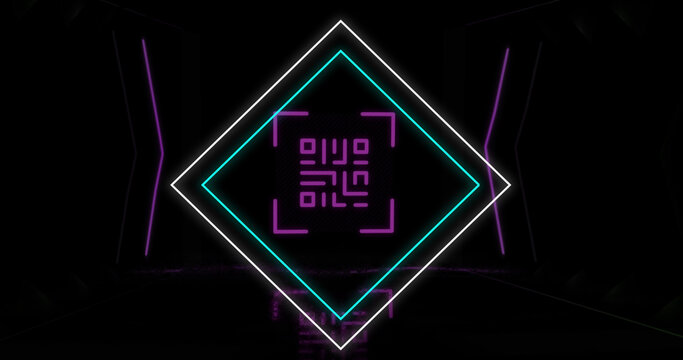 Image of glowing qr code over neon geometric shapes