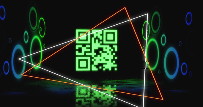 Image of glowing qr code over neon geometric shapes