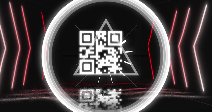Image of glowing qr code over neon geometric shapes - Powered by Adobe