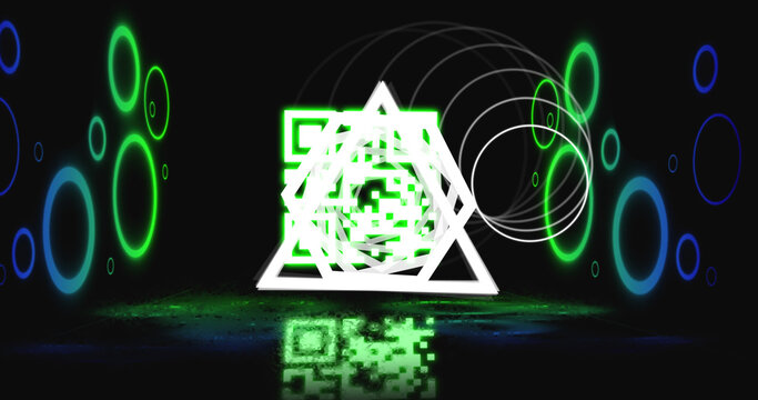 Image of glowing qr code over neon geometric shapes