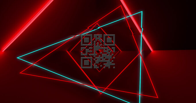 Image of glowing qr code over neon geometric shapes