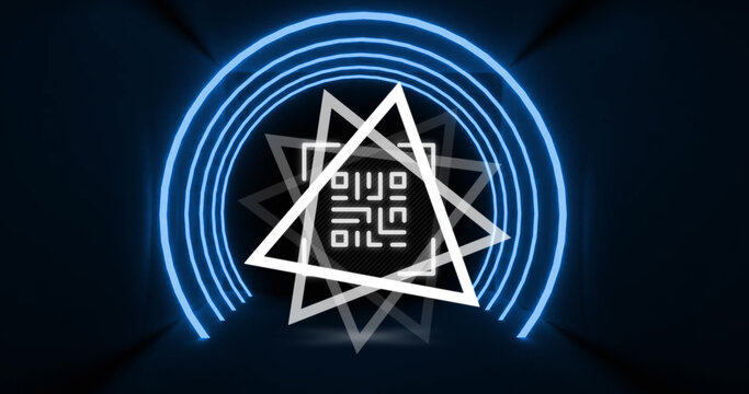 Image of glowing qr code over neon geometric shapes
