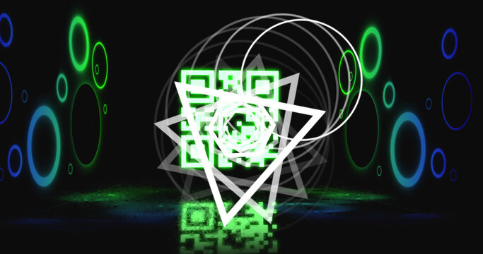 Image of glowing qr code over neon geometric shapes