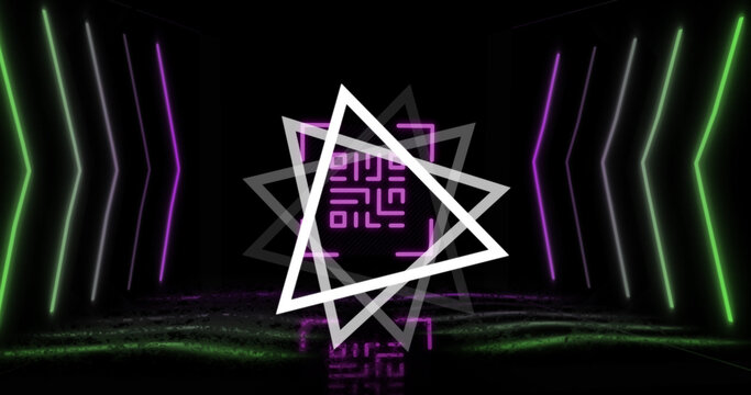 Image of glowing qr code over neon geometric shapes