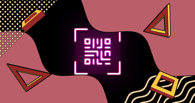 Image of glowing qr code over neon geometric shapes