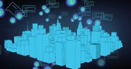 Image of media icons and city on blue background